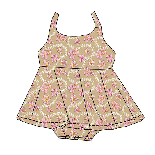 PREORDER: Beige Plumeria Lei Skirted Romper