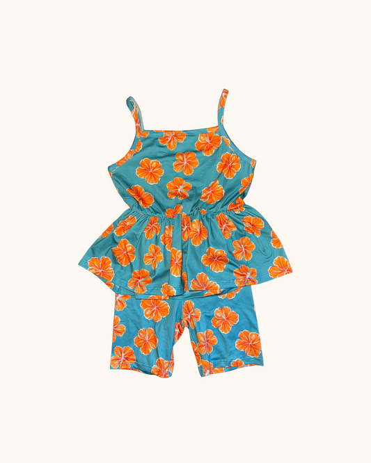 Teal Hibiscus Love Peplum Tank set