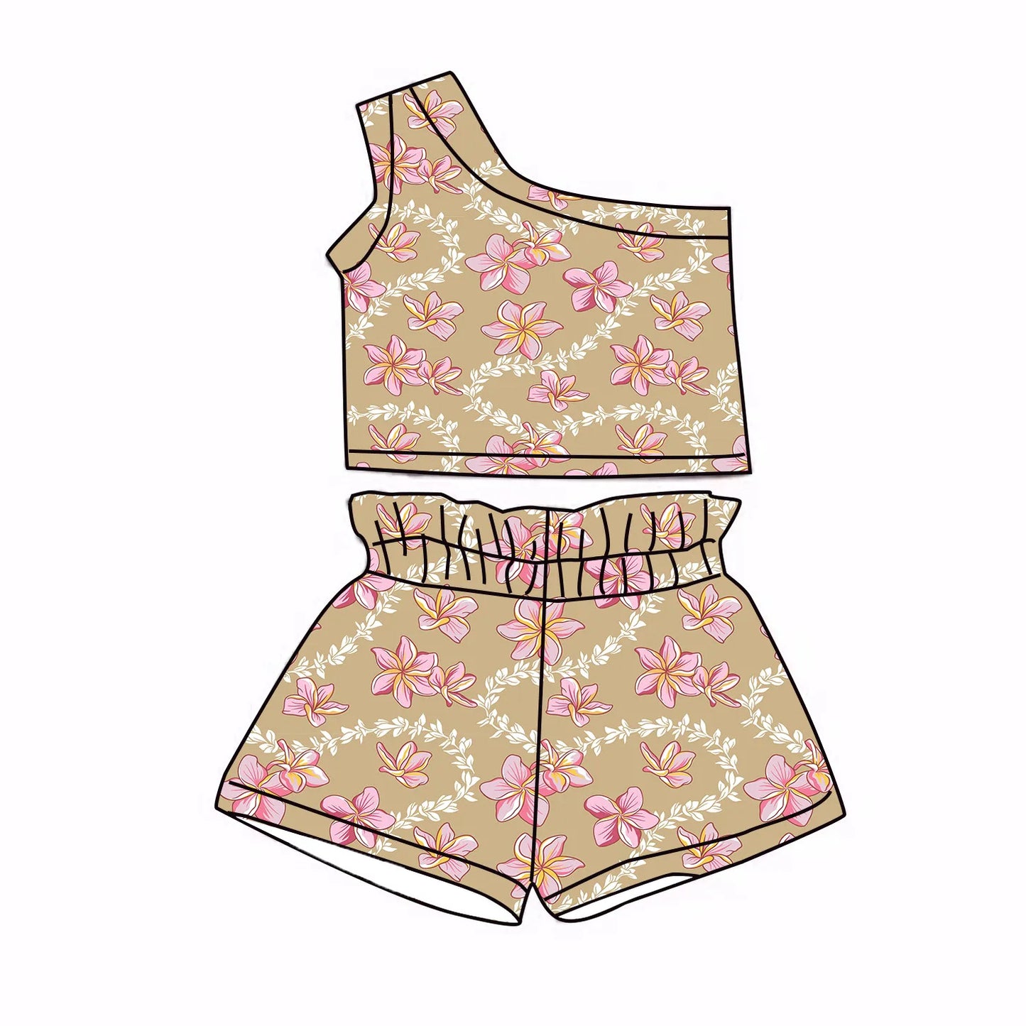 PREORDER: Beige Plumeria Lei Shorts Set